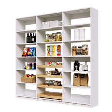 87 inch white pantry shelving layout with four sliding wood drawers.