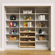 White 87 inch pantry storage for organizing bulk groceries and cans.