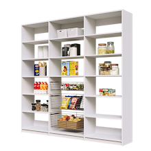 87 inch white pantry shelving layout with three sliding wire baskets.