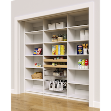 High capacity 87 inch white reach in pantry racks with two wood drawers and two pull-out wire baskets.