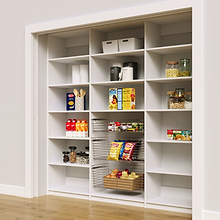 High capacity 87 inch white reach in pantry racks with three wire baskets.