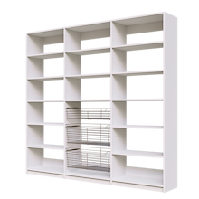 Three chrome pull-out baskets in 90 inch white kitchen pantry shelving.