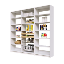 Extra wide 90 inch white pantry shelving with two wood pull-out drawers and two pull-out wire baskets.