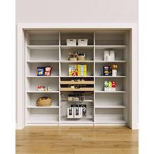 90 inch white pantry wall shelving with two layered wood drawers and two pull-out wire baskets.