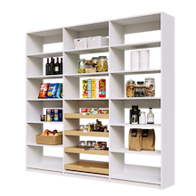 Extra wide 90 inch white pantry shelving with four wood drawers.