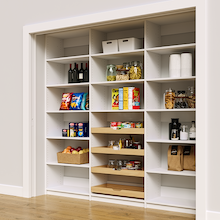 White 90 inch reach in pantry shelving featuring four sliding wood shelves.