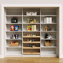 90 inch white pantry wall shelving for organizing snacks and baking supplies.