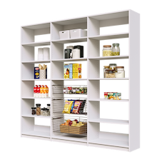 Extra wide 90 inch white pantry shelving with three wire storage baskets.