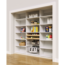 White 90 inch reach in pantry shelving featuring two wood pull-out drawers and two pull-out wire baskets.