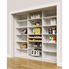 High capacity 93 inch white large pantry shelving with two wood pull-out drawers and two pull-out wire baskets.