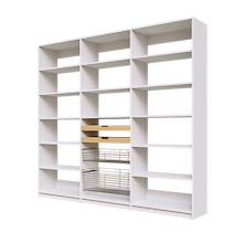 Two wood pull-out drawers and two pull-out wire baskets in 93 inch white kitchen pantry shelving.