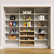 White 93 inch pantry food storage shelves for organizing bulk dry goods.