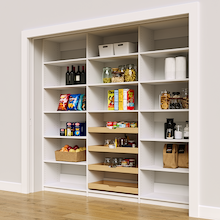 High capacity 93 inch white large pantry shelving with four wood pull-out drawers.