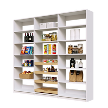 93 inch white pantry shelving with four sliding wood drawers for storage.
