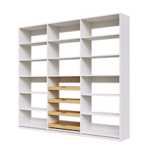 Four sliding wood drawers in 93 inch white kitchen pantry shelving.