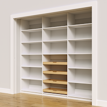 White 93 inch pantry storage with four wood drawers.