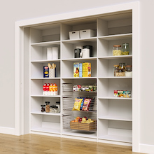 High capacity 93 inch white large pantry shelving with three wire baskets.