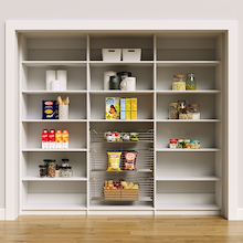 White 93 inch pantry food racks for organizing bulk dry goods and jars.