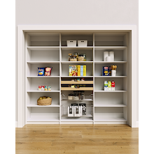 White 93 inch pantry food storage shelves featuring layered wood pull-out drawers and pull-out wire baskets.