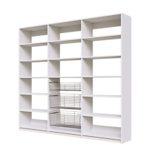Three sliding wire baskets in 93 inch white kitchen pantry shelving.