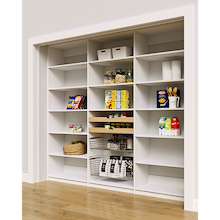 High capacity 96 inch white kitchen pantry racks featuring mixed wood drawers and pull-out wire baskets.