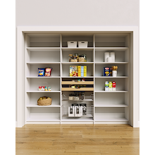 96 inch white pantry storage shelves with layered wood pull-out drawers and pull-out wire baskets.