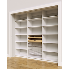 Complete 96 inch white pantry shelving layout with two wood drawers and two pull-out wire baskets.