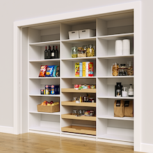 High capacity 96 inch white kitchen pantry racks for organizing all dry goods.
