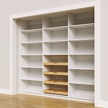 96 inch white pantry shelving layout with four wood drawers.