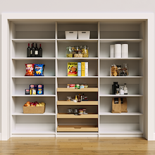 96 inch white pantry storage shelves with adjustable heights for large items.