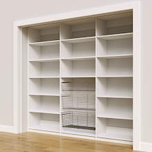 Complete 96 inch white kitchen pantry shelving layout with three wire baskets.