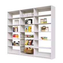 Full wall 96 inch white pantry shelving for kitchen food organization.