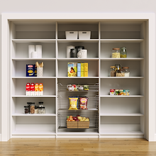 96 inch white pantry storage shelves with adjustable heights for large items.