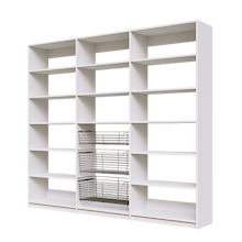 Three chrome wire baskets in a white 96 inch reach in pantry.