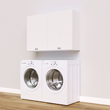 White Basic Laundry Kit featuring upper storage doors installed above a washer and dryer to keep laundry supplies within easy reach. Yes