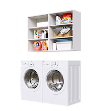 White Basic Laundry Kit featuring open overhead shelving designed for efficient laundry room organization. No