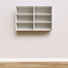 White Basic Laundry Kit with open overhead shelving providing built-in laundry room storage. No