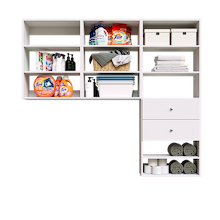 White Choice Laundry Kit with built-in drawers and overhead shelves to keep laundry supplies within easy reach.