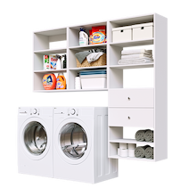 White Choice Laundry Kit featuring a shelf tower with two drawers and upper storage shelves for utility room storage.