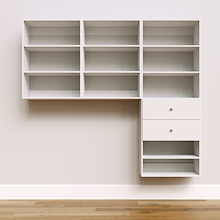 White Choice Laundry Kit with a shelf tower with two drawers and overhead shelving providing built-in laundry room storage.