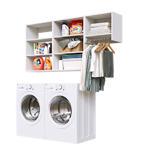 White Classic Laundry Kit featuring a clothes hanging rod and upper storage shelves for overhead laundry storage.