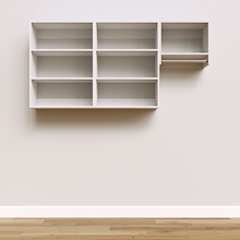 White Classic Laundry Kit with a clothes hanging rod and overhead shelving providing built-in laundry room storage.