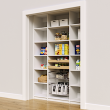White 60 inch pantry wall shelves featuring two wood pull-out drawers and two pull-out wire baskets.