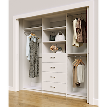 White closet system 90 inch with extensive hanging storage for clothing