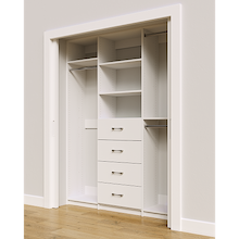 White custom closet system 66 inch with drawers and shelves for compact closets