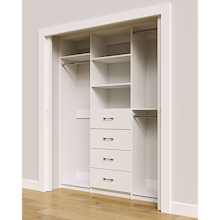 White custom closet system 69 inch with drawers and shelves for reach-in closet organization