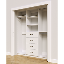 White custom closet system 72 inch with drawers and shelving for complete wardrobe organization