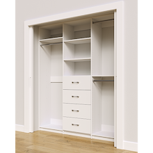 White custom closet system 75 inch with drawers and shelving for large wardrobe organization