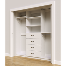 White custom closet system 81 inch with drawers and shelving for seasonal clothing storage