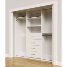 White custom closet system 84 inch with drawers and shelving for clothing and accessory storage